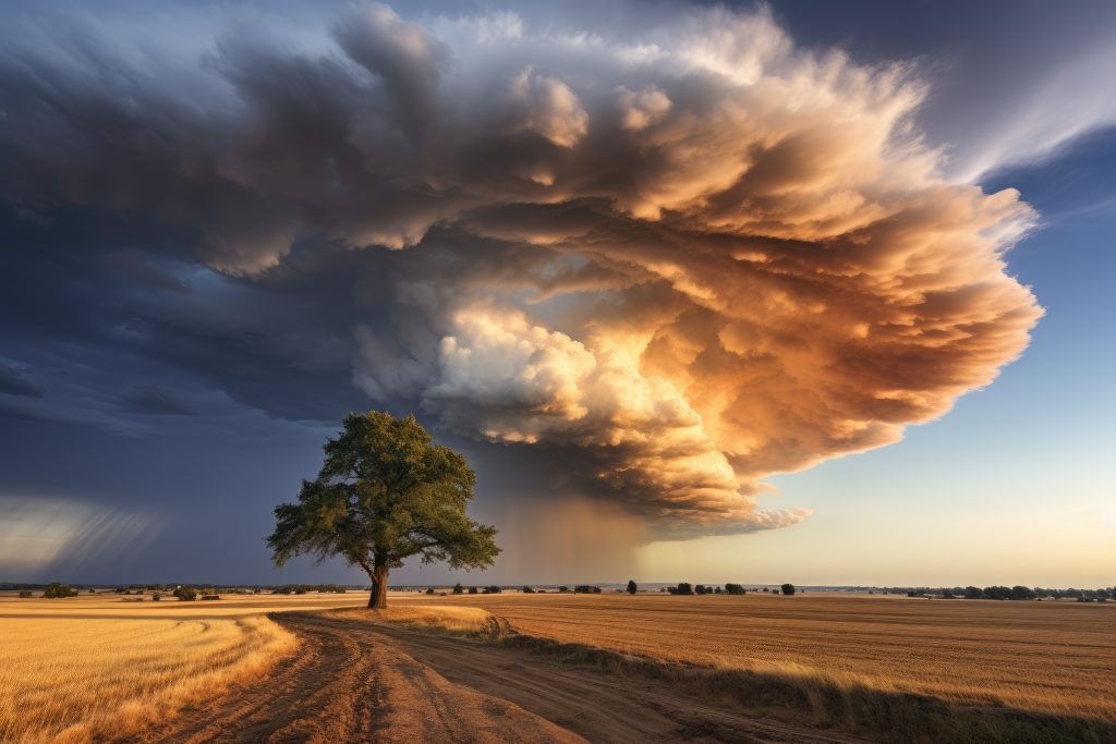 Arbre au milieu d'un champ après les foins, des nuages vigoureux dansent au dessus de lui. Symbole des mouvements qui agissent en nous sans notre assentiment, nous emportent et font ce que nous sommes, ce que nous agissons.